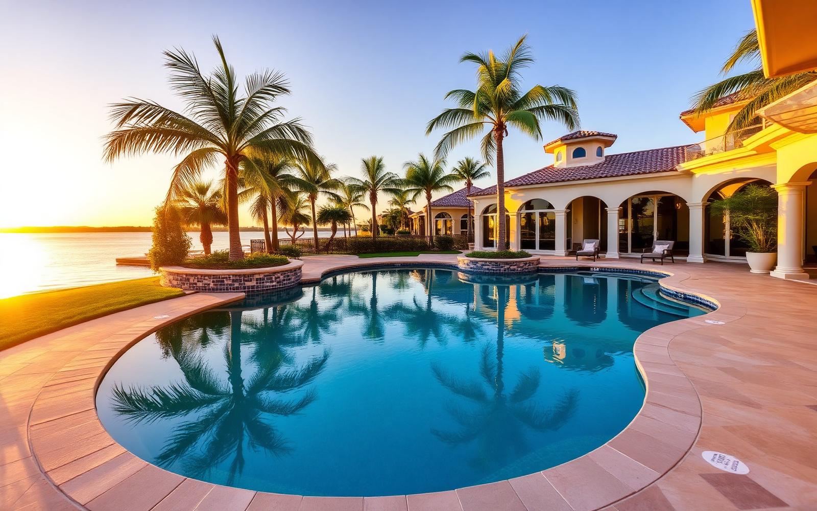 Naples backyard pool at sunset